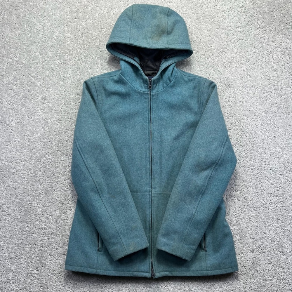 VINTAGE Y2k Gap Jacket Women M Teal Recycled Wool Blend Hooded Quilt Lined
